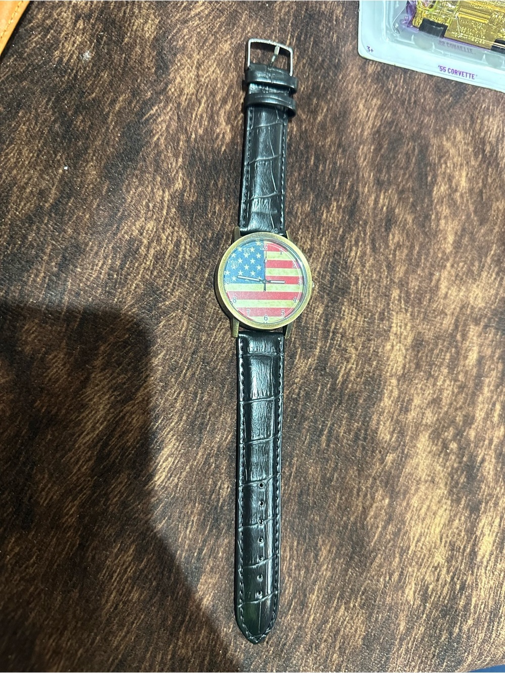 Patriotic Flag Face Black Leather Strap Watch